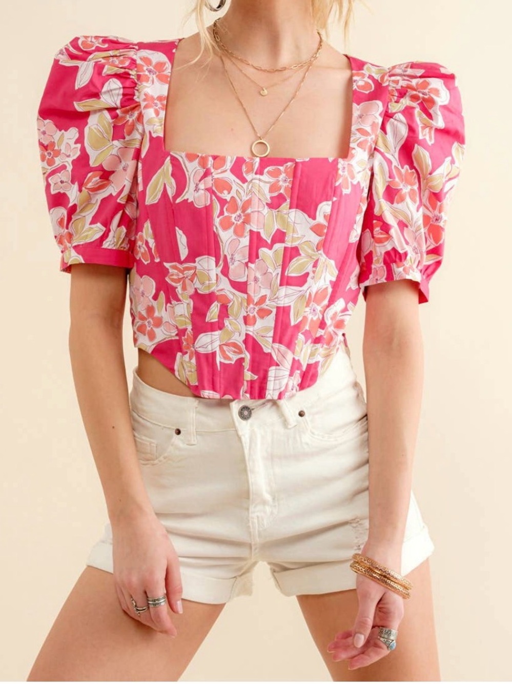 Blue B. Pink Tropics Floral Bustier Top Puff Sleeves, Size S